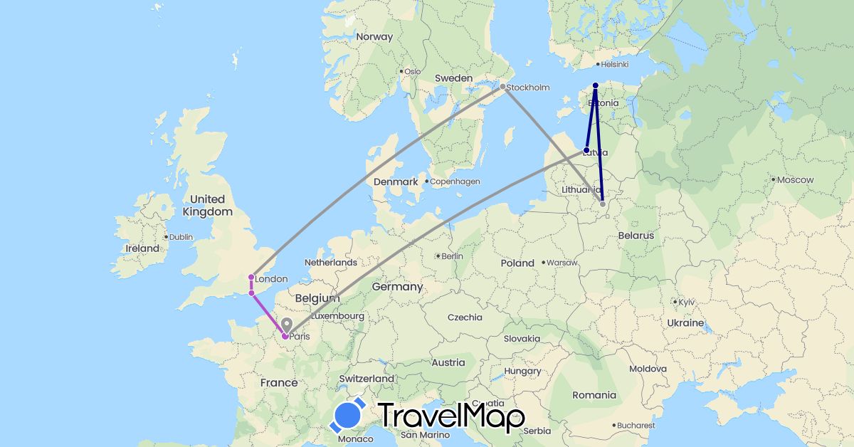 TravelMap itinerary: driving, plane, train in Estonia, France, United Kingdom, Lithuania, Latvia, Sweden (Europe)