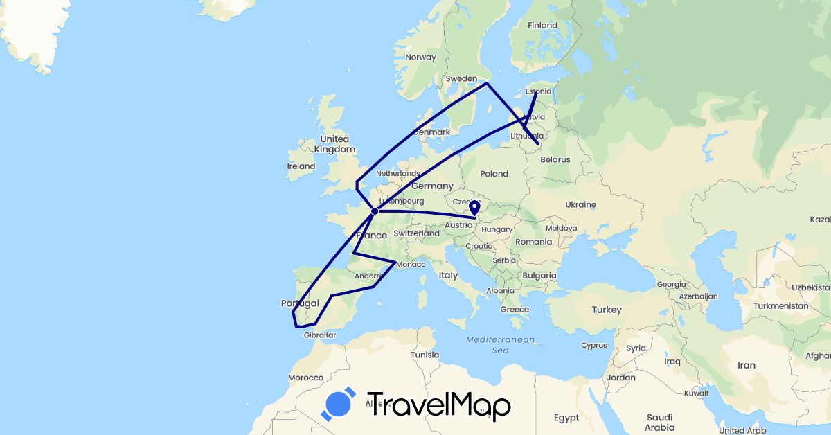 TravelMap itinerary: driving in Austria, Estonia, Spain, France, United Kingdom, Lithuania, Latvia, Portugal, Sweden (Europe)
